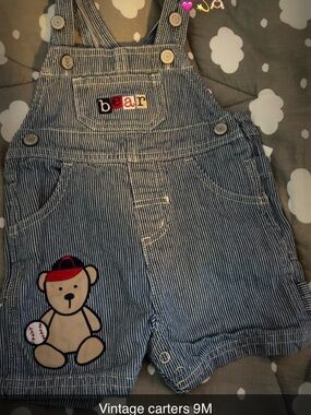 Carter's Blue Pinstripe Overalls with Bear Patch